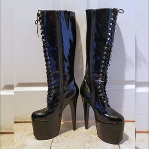 8 Inch Heel 4/12 Inch Platform Patent Knee High Boots, Lace-up & Zipper, Size 10